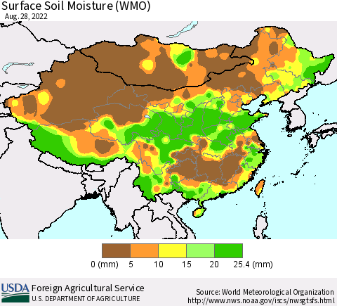 China, Mongolia and Taiwan Surface Soil Moisture (WMO) Thematic Map For 8/22/2022 - 8/28/2022
