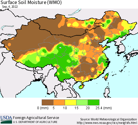 China, Mongolia and Taiwan Surface Soil Moisture (WMO) Thematic Map For 8/29/2022 - 9/4/2022