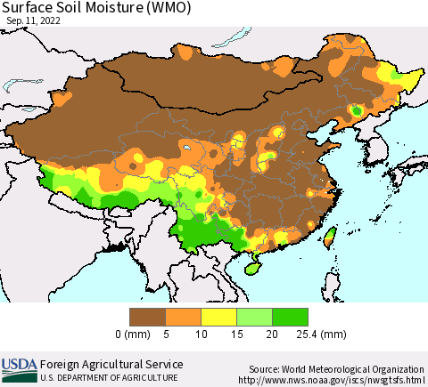 China, Mongolia and Taiwan Surface Soil Moisture (WMO) Thematic Map For 9/5/2022 - 9/11/2022