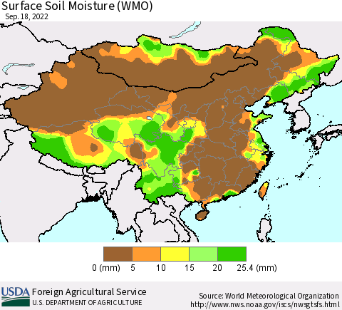 China, Mongolia and Taiwan Surface Soil Moisture (WMO) Thematic Map For 9/12/2022 - 9/18/2022