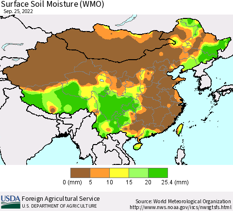 China, Mongolia and Taiwan Surface Soil Moisture (WMO) Thematic Map For 9/19/2022 - 9/25/2022