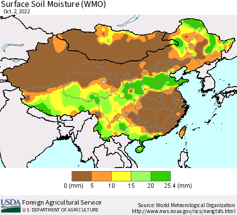 China, Mongolia and Taiwan Surface Soil Moisture (WMO) Thematic Map For 9/26/2022 - 10/2/2022