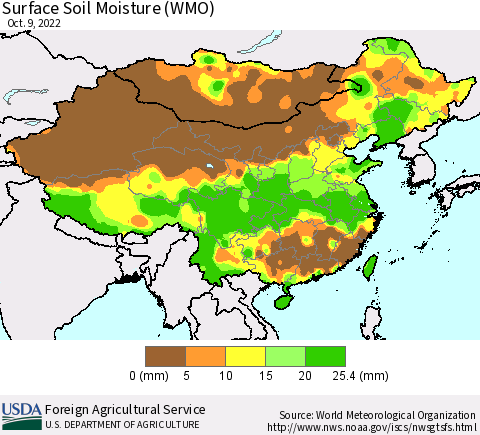 China, Mongolia and Taiwan Surface Soil Moisture (WMO) Thematic Map For 10/3/2022 - 10/9/2022