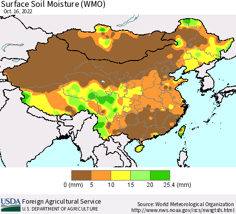 China, Mongolia and Taiwan Surface Soil Moisture (WMO) Thematic Map For 10/10/2022 - 10/16/2022
