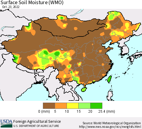 China, Mongolia and Taiwan Surface Soil Moisture (WMO) Thematic Map For 10/17/2022 - 10/23/2022