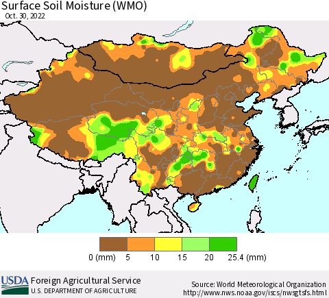 China, Mongolia and Taiwan Surface Soil Moisture (WMO) Thematic Map For 10/24/2022 - 10/30/2022