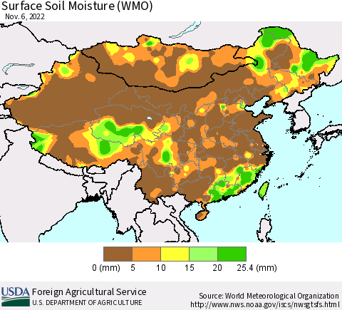 China, Mongolia and Taiwan Surface Soil Moisture (WMO) Thematic Map For 10/31/2022 - 11/6/2022