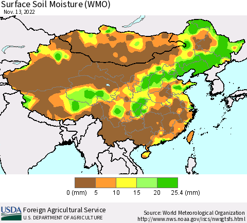China, Mongolia and Taiwan Surface Soil Moisture (WMO) Thematic Map For 11/7/2022 - 11/13/2022