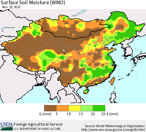 China, Mongolia and Taiwan Surface Soil Moisture (WMO) Thematic Map For 11/14/2022 - 11/20/2022