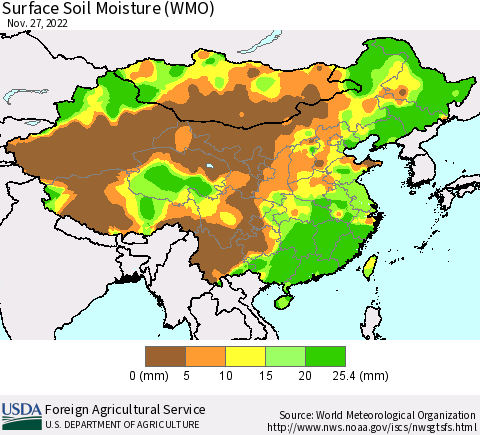 China, Mongolia and Taiwan Surface Soil Moisture (WMO) Thematic Map For 11/21/2022 - 11/27/2022