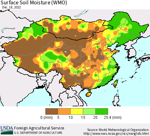 China, Mongolia and Taiwan Surface Soil Moisture (WMO) Thematic Map For 12/12/2022 - 12/18/2022