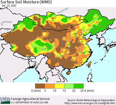 China, Mongolia and Taiwan Surface Soil Moisture (WMO) Thematic Map For 12/19/2022 - 12/25/2022
