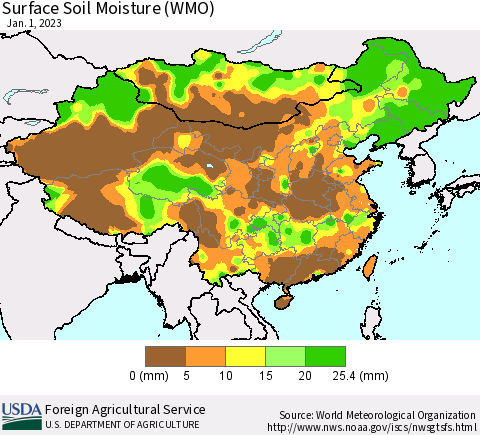 China, Mongolia and Taiwan Surface Soil Moisture (WMO) Thematic Map For 12/26/2022 - 1/1/2023