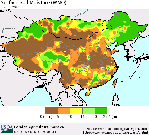 China, Mongolia and Taiwan Surface Soil Moisture (WMO) Thematic Map For 1/2/2023 - 1/8/2023