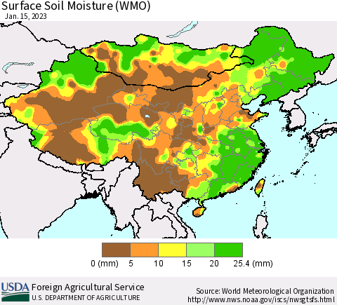 China, Mongolia and Taiwan Surface Soil Moisture (WMO) Thematic Map For 1/9/2023 - 1/15/2023