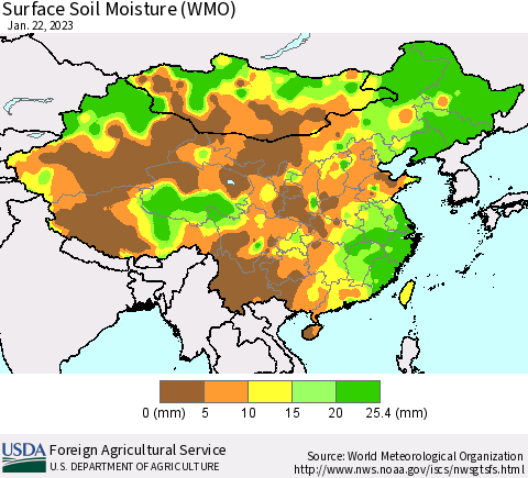 China, Mongolia and Taiwan Surface Soil Moisture (WMO) Thematic Map For 1/16/2023 - 1/22/2023