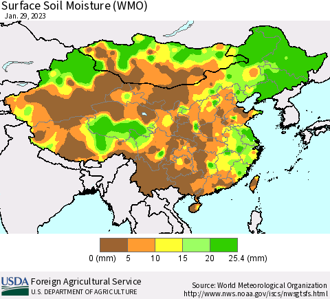 China, Mongolia and Taiwan Surface Soil Moisture (WMO) Thematic Map For 1/23/2023 - 1/29/2023