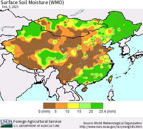China, Mongolia and Taiwan Surface Soil Moisture (WMO) Thematic Map For 1/30/2023 - 2/5/2023
