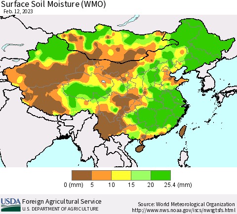 China, Mongolia and Taiwan Surface Soil Moisture (WMO) Thematic Map For 2/6/2023 - 2/12/2023