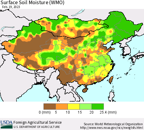 China, Mongolia and Taiwan Surface Soil Moisture (WMO) Thematic Map For 2/13/2023 - 2/19/2023