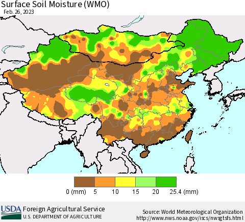 China, Mongolia and Taiwan Surface Soil Moisture (WMO) Thematic Map For 2/20/2023 - 2/26/2023