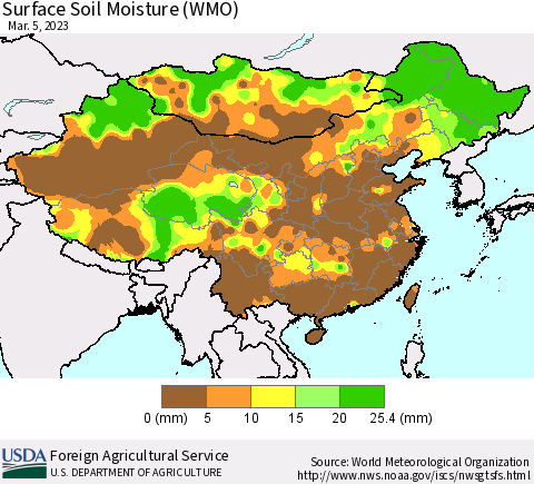China, Mongolia and Taiwan Surface Soil Moisture (WMO) Thematic Map For 2/27/2023 - 3/5/2023
