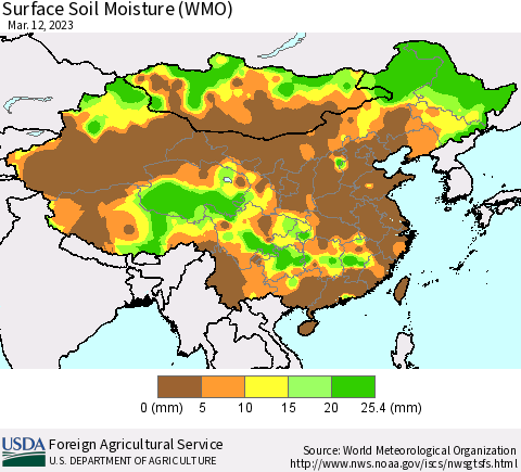 China, Mongolia and Taiwan Surface Soil Moisture (WMO) Thematic Map For 3/6/2023 - 3/12/2023