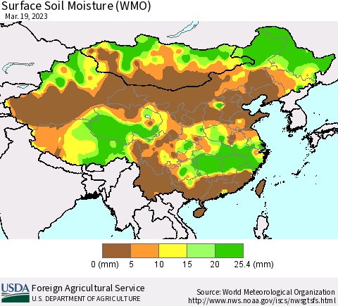 China, Mongolia and Taiwan Surface Soil Moisture (WMO) Thematic Map For 3/13/2023 - 3/19/2023