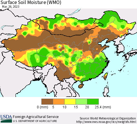 China, Mongolia and Taiwan Surface Soil Moisture (WMO) Thematic Map For 3/20/2023 - 3/26/2023