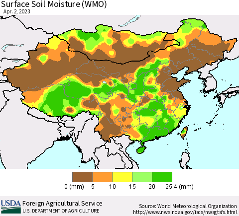 China, Mongolia and Taiwan Surface Soil Moisture (WMO) Thematic Map For 3/27/2023 - 4/2/2023