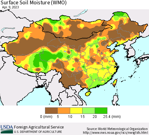 China, Mongolia and Taiwan Surface Soil Moisture (WMO) Thematic Map For 4/3/2023 - 4/9/2023