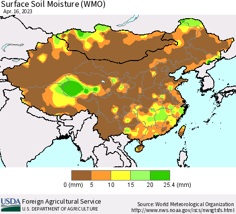 China, Mongolia and Taiwan Surface Soil Moisture (WMO) Thematic Map For 4/10/2023 - 4/16/2023