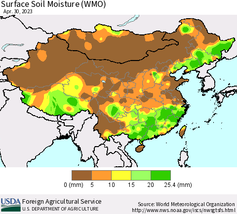 China, Mongolia and Taiwan Surface Soil Moisture (WMO) Thematic Map For 4/24/2023 - 4/30/2023