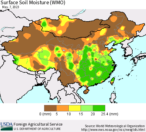 China, Mongolia and Taiwan Surface Soil Moisture (WMO) Thematic Map For 5/1/2023 - 5/7/2023
