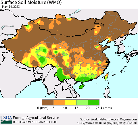 China, Mongolia and Taiwan Surface Soil Moisture (WMO) Thematic Map For 5/8/2023 - 5/14/2023