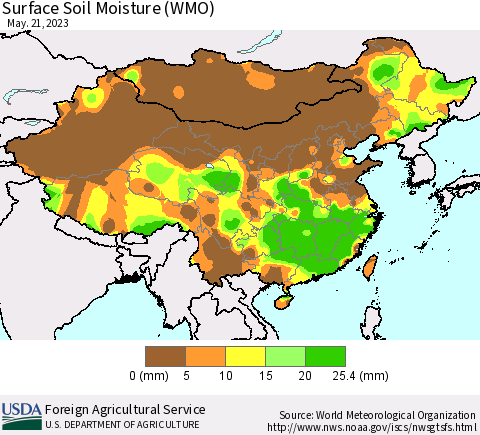 China, Mongolia and Taiwan Surface Soil Moisture (WMO) Thematic Map For 5/15/2023 - 5/21/2023