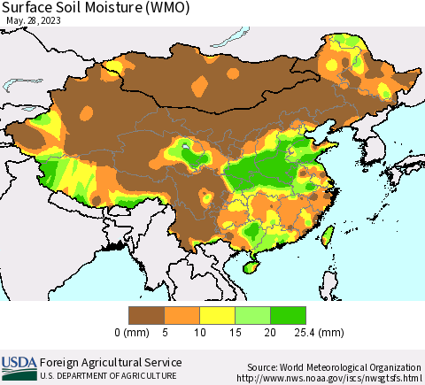 China, Mongolia and Taiwan Surface Soil Moisture (WMO) Thematic Map For 5/22/2023 - 5/28/2023
