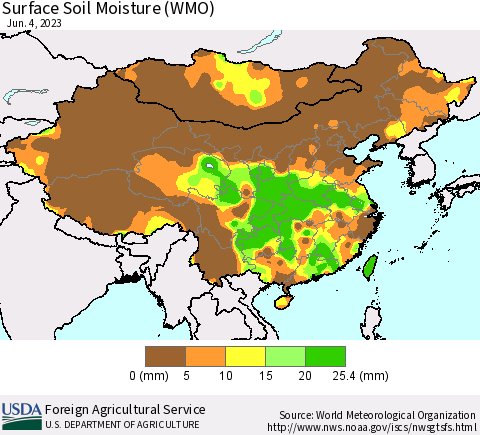 China, Mongolia and Taiwan Surface Soil Moisture (WMO) Thematic Map For 5/29/2023 - 6/4/2023