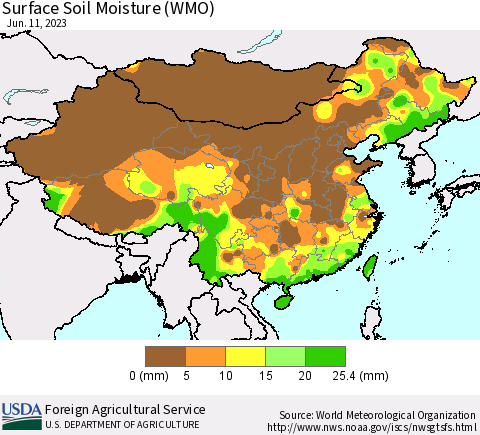 China, Mongolia and Taiwan Surface Soil Moisture (WMO) Thematic Map For 6/5/2023 - 6/11/2023