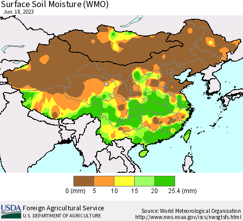 China, Mongolia and Taiwan Surface Soil Moisture (WMO) Thematic Map For 6/12/2023 - 6/18/2023