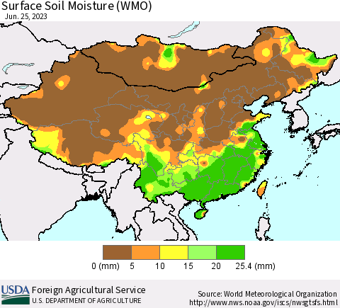 China, Mongolia and Taiwan Surface Soil Moisture (WMO) Thematic Map For 6/19/2023 - 6/25/2023