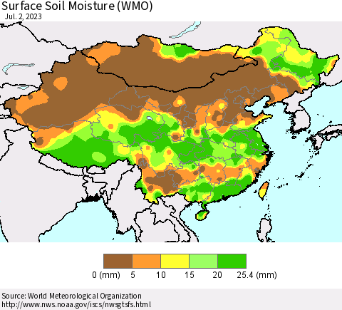 China, Mongolia and Taiwan Surface Soil Moisture (WMO) Thematic Map For 6/26/2023 - 7/2/2023
