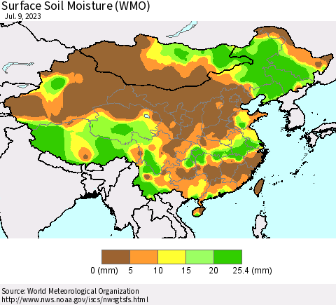 China, Mongolia and Taiwan Surface Soil Moisture (WMO) Thematic Map For 7/3/2023 - 7/9/2023