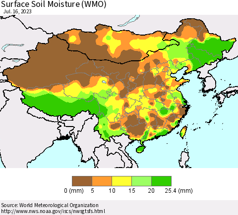 China, Mongolia and Taiwan Surface Soil Moisture (WMO) Thematic Map For 7/10/2023 - 7/16/2023