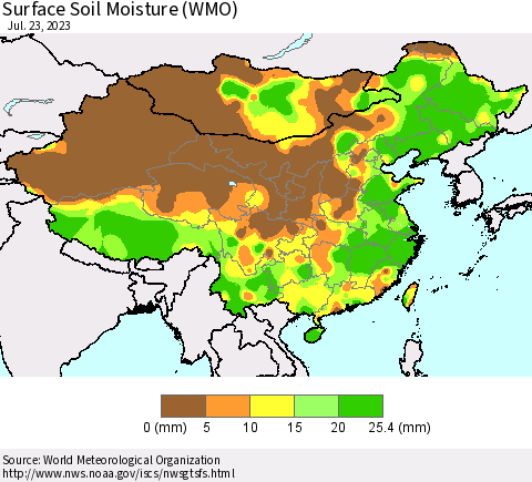 China, Mongolia and Taiwan Surface Soil Moisture (WMO) Thematic Map For 7/17/2023 - 7/23/2023