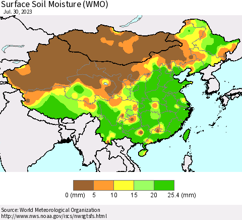 China, Mongolia and Taiwan Surface Soil Moisture (WMO) Thematic Map For 7/24/2023 - 7/30/2023