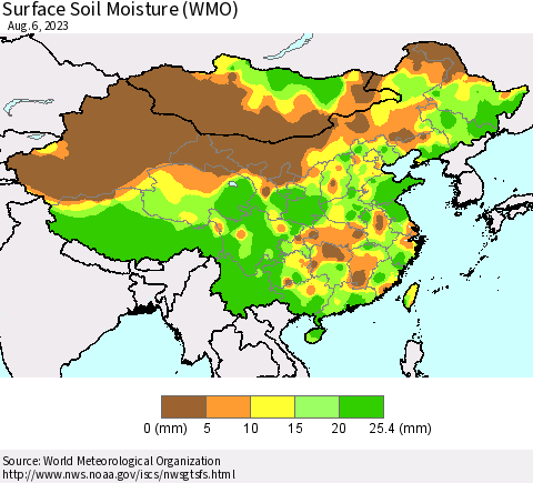 China, Mongolia and Taiwan Surface Soil Moisture (WMO) Thematic Map For 7/31/2023 - 8/6/2023