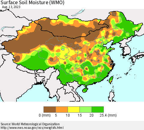 China, Mongolia and Taiwan Surface Soil Moisture (WMO) Thematic Map For 8/7/2023 - 8/13/2023