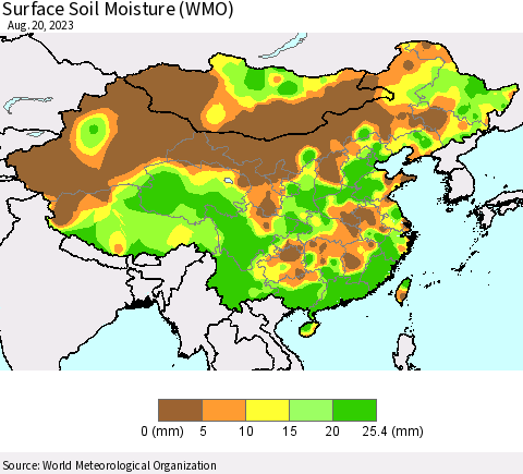 China, Mongolia and Taiwan Surface Soil Moisture (WMO) Thematic Map For 8/14/2023 - 8/20/2023