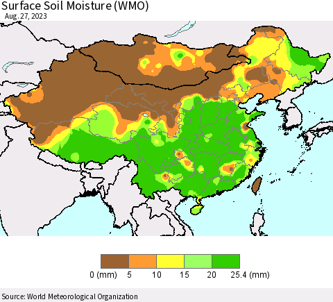 China, Mongolia and Taiwan Surface Soil Moisture (WMO) Thematic Map For 8/21/2023 - 8/27/2023